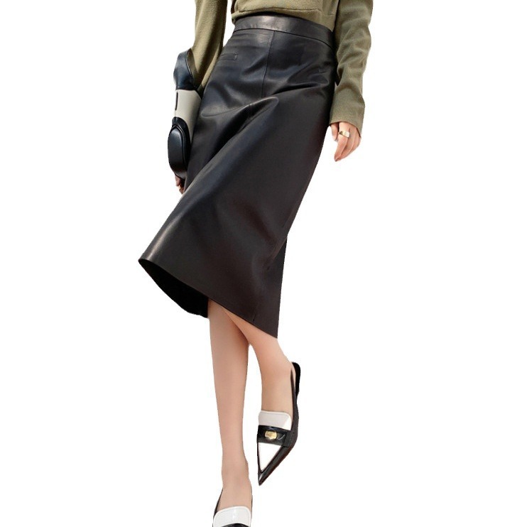 Spring And Autumn New High Waist Simple Version A Versatile Slimming Leather Skirt - Image 3
