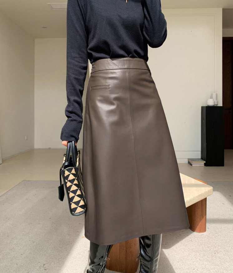 Spring And Autumn New High Waist Simple Version A Versatile Slimming Leather Skirt - Image 6