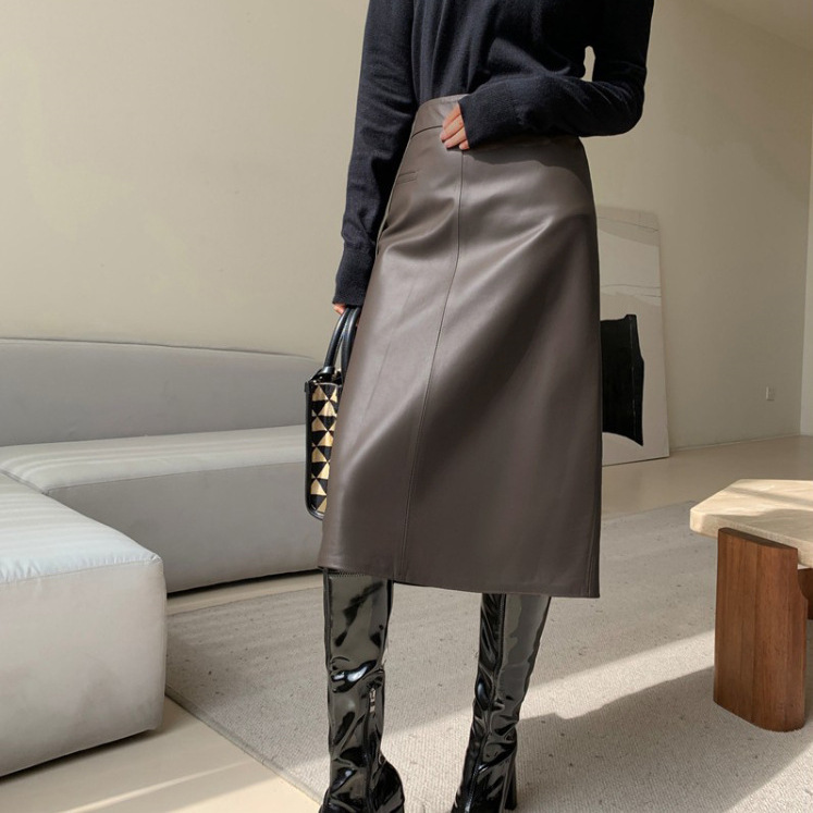 Spring And Autumn New High Waist Simple Version A Versatile Slimming Leather Skirt - Image 4